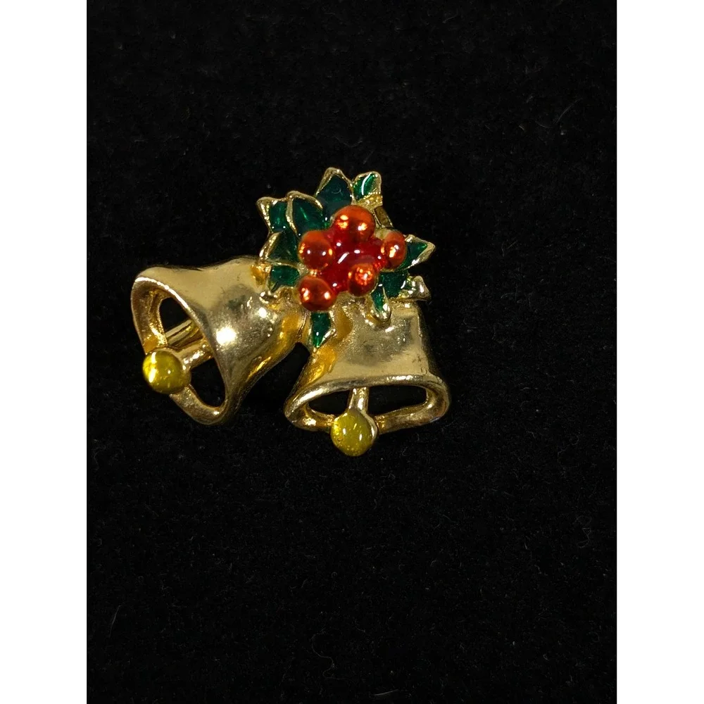 Vintage Double Bell‎ Christmas Brooch Gold Tone Holly Holiday Pin